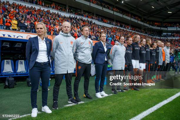 Coach Sarina Wiegman of Holland Women, assistant trainer Arjan Veurink of Holland Women during the World Cup Qualifier Women match between Holland v...