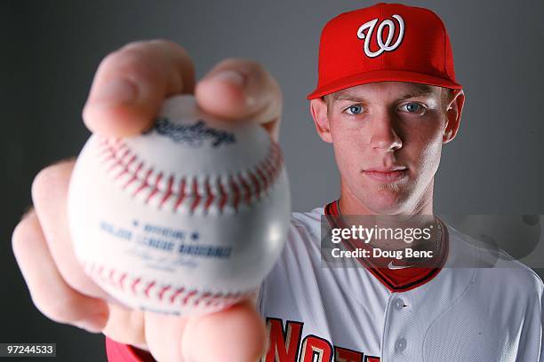 Pitcher Stephen Strasburg of the Washington Nationals poses during photo day at Space Coast Stadium on February 28, 2010 in Viera, Florida.