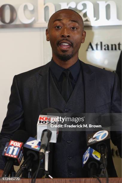 Actor Darris Love speaks during a press conference to discuss being mistakenly detained by police at The Cochran Firm on June 12, 2018 in Los...