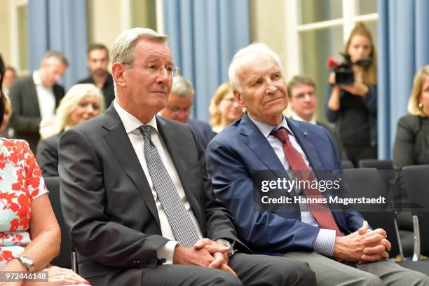 Karl Hopfner, CFO of FC Bayern Muenchen and Dr. Edmund Stoiber during Karl Hopfner Is Awarded With The Federal Cross of Merit at department of the...