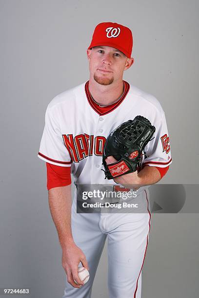 Pitcher Logan Kensing of the Washington Nationals poses during photo day at Space Coast Stadium on February 28, 2010 in Viera, Florida.