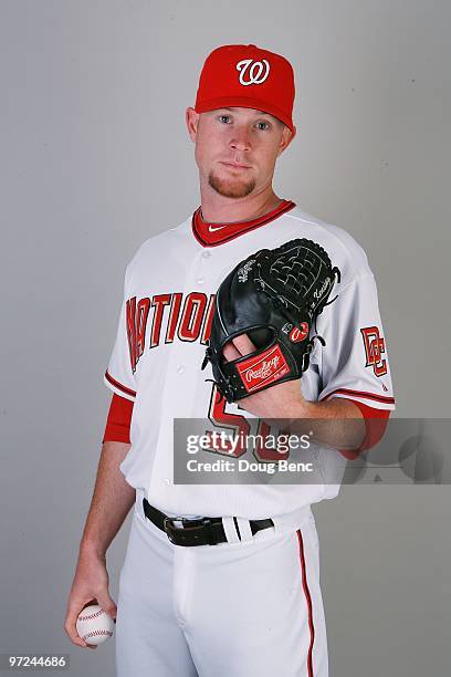 Pitcher Logan Kensing of the Washington Nationals poses during photo day at Space Coast Stadium on February 28, 2010 in Viera, Florida.