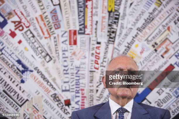 Paolo Savona, Italy's European affairs minister, listens to a question from members of the media during a launch party for his book, entitled "Like A...