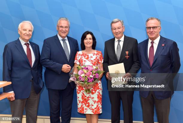 Dr. Edmund Stoiber, Joachim Herrmann, Anne Hopfner, Karl Hopfner, CFO of FC Bayern Muenchen Karl-Heinz Rummenigge during Karl Hopfner Is Awarded With...