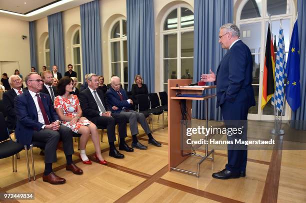 Karl-Heinz Rummenigge, Anne Hopfner, Karl Hopfner, Dr. Edmund Stoiber and Joachim Herrmann during Karl Hopfner Is Awarded With The Federal Cross of...