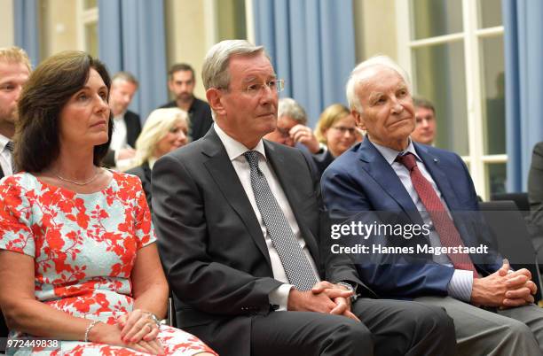 Anne Hopfner, Karl Hopfner and Dr. Edmund Stoiber during Karl Hopfner Is Awarded With The Federal Cross of Merit at department of the Interior on...