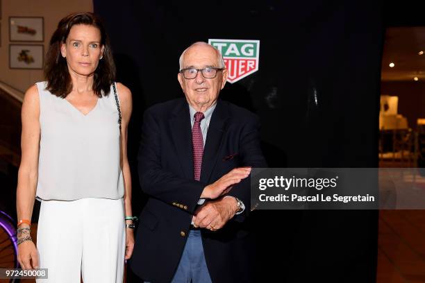 Princess Stephanie of Monaco poses with Jack Heuer during a visit to the Car Collection of Prince Albert of Monaco and inaugurate the renovated map...
