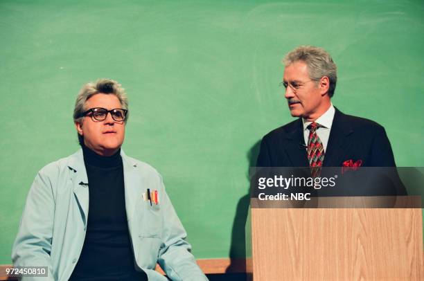 Episode 1449 -- Pictured: Host Jay Leno and Alex Trebek during the "Mr. Brain" skit on September 11, 1998 --
