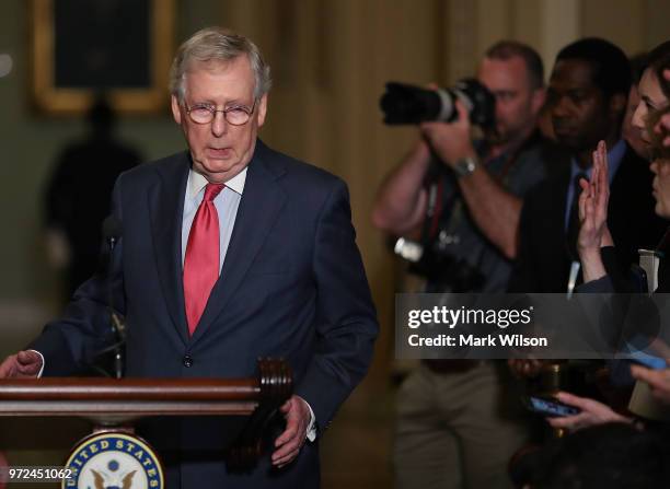 Senate Majority Leader Mitch McConnell , speaks to the media after attending a Senate Republican policy luncheon on June 12, 2018 in Washington, DC....