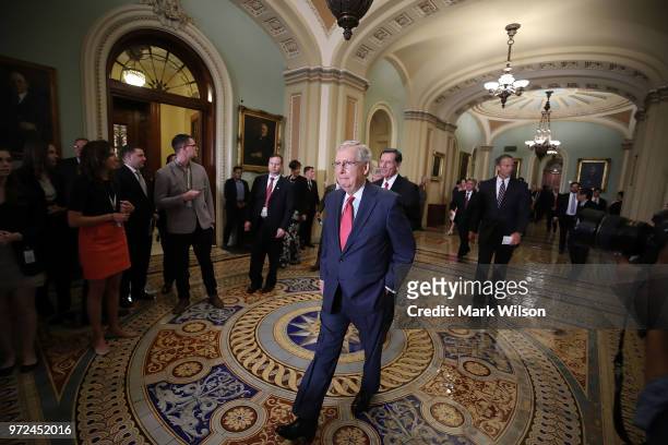 Senate Majority Leader Mitch McConnell , prepares to speak to the media after attending a Senate Republican policy luncheon on June 12, 2018 in...