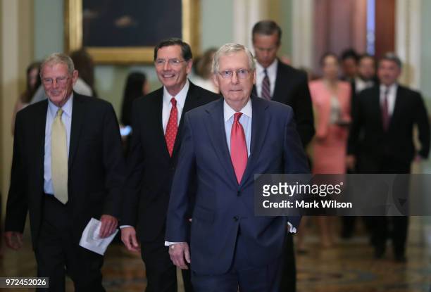 Senate Majority Leader Mitch McConnell , prepares to speak to the media after attending a Senate Republican policy luncheon on June 12, 2018 in...