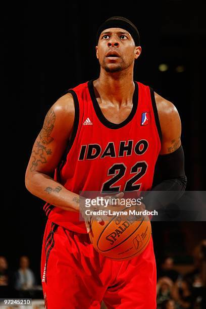 Mildon Ambres of the Idaho Stampede shoots a free throw against the Albuquerque Thunderbirds during the NBA D-League game on January 23, 2010 at...