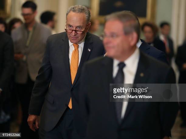 Senate Minority Leader Chuck Schumer , prepares to speak to the media after attending the Senate Democrats policy luncheon on June 12, 2018 in...