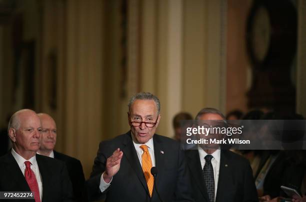 Senate Minority Leader Chuck Schumer , speaks to the media after attending the Senate Democrats policy luncheon on June 12, 2018 in Washington, DC....