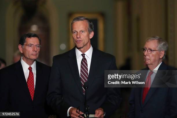 Sen. John Thune , speaks to the media after attending a Senate Republican policy luncheon on June 12, 2018 in Washington, DC. President Trump called...