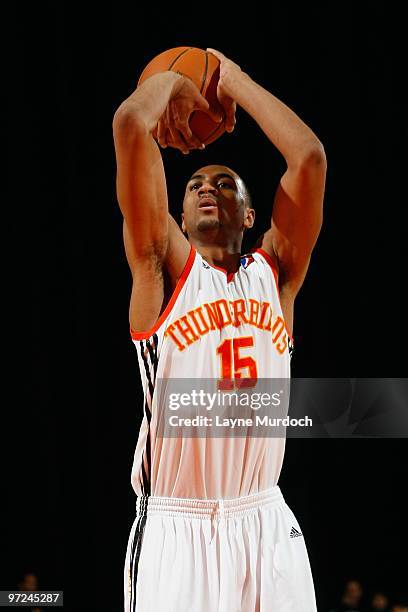 Shane Edwards of the Albuquerque Thunderbirds takes a jump shot against the Idaho Stampede during the NBA D-League game on January 23, 2010 at...