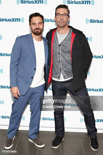 Jake Johnson and Jon Hamm take part in SiriusXM's Town Hall with the cast of 'Tag' hosted by SiriusXM's Michelle Collins on June 12, 2018 in New York...