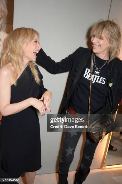 Kylie Minogue and Chrissie Hynde attend the launch of the Stella McCartney Global flagship store on Old Bond Street on June 12, 2018 in London,...