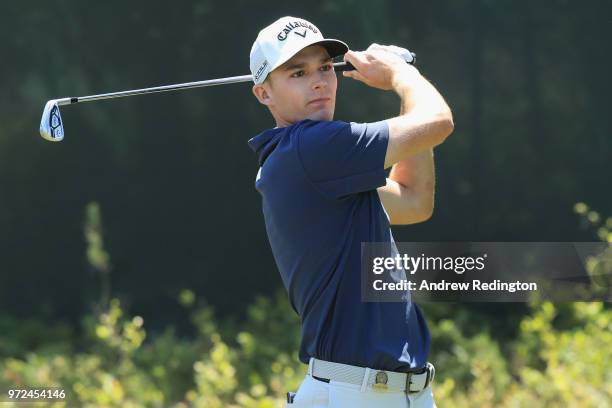 Aaron Wise of the United States plays a shot during a practice round prior to the 2018 U.S. Open at Shinnecock Hills Golf Club on June 12, 2018 in...