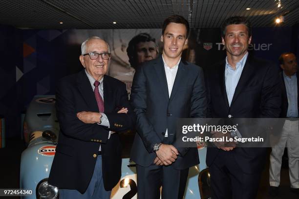 Jack Heuer, Louis Ducruet and TAG Heuer Ambassador and actor Patrick Dempsey attend a visit to the Car Collection of Prince Albert of Monaco and...