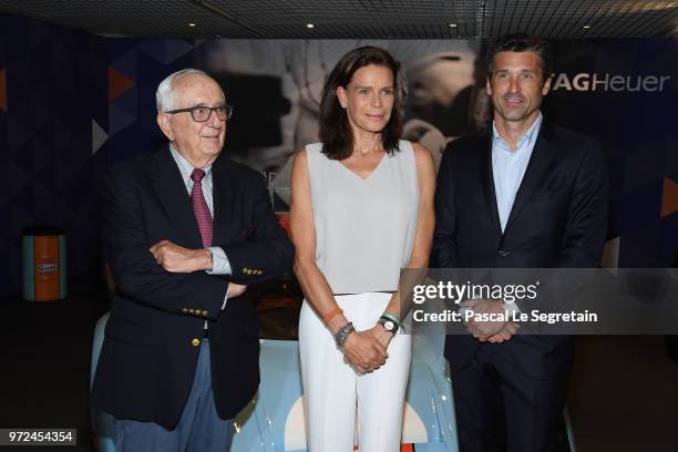 Jack Heuer, Princess Stephanie of Monaco and TAG Heuer Ambassador and actor Patrick Dempsey attend a visit to the Car Collection of Prince Albert of...