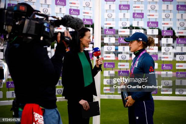 England's player of the match Sarah Taylor chats to the press after the teams win during the ICC Women's Championship 2nd ODI match between England...