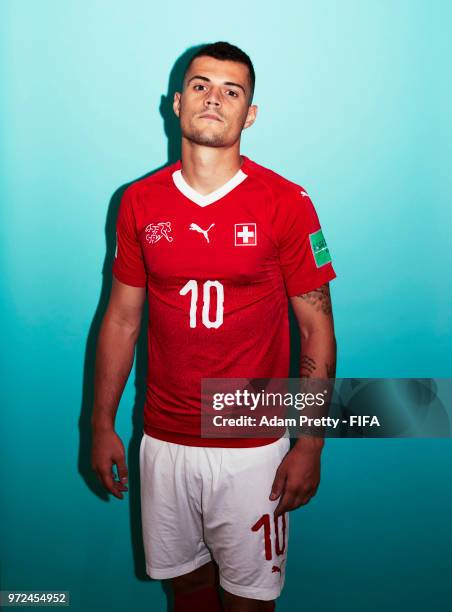 Granit Xhaka of Switzerland poses for a portrait during the official FIFA World Cup 2018 portrait session at the Lada Resort on June 12, 2018 in...