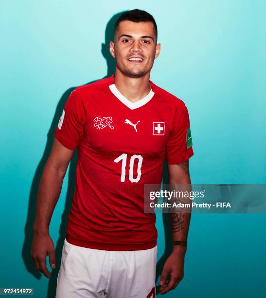 Granit Xhaka of Switzerland poses for a portrait during the official FIFA World Cup 2018 portrait session at the Lada Resort on June 12, 2018 in...