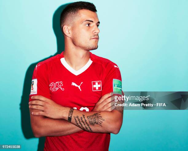 Granit Xhaka of Switzerland poses for a portrait during the official FIFA World Cup 2018 portrait session at the Lada Resort on June 12, 2018 in...