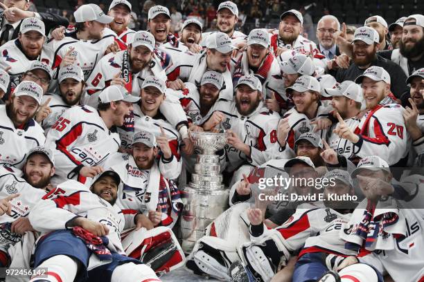 Washington Capitals team victorious with Stanley Cup on ice after winning game and series vs Vegas Golden Knights at T-Mobile Arena. Game 5. Las...