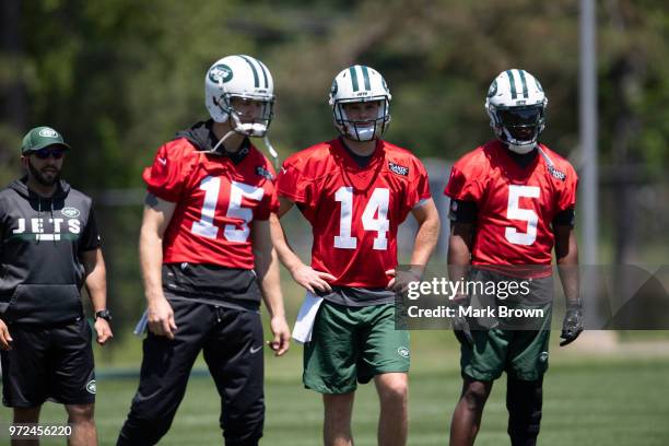 Quarterback Josh McCown, quarterback Sam Darnold, and quarterback Teddy Bridgewater during mandatory mini camp on June 12, 2018 at The Atlantic...