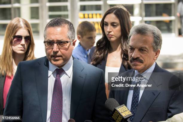 Mark Agnifilo and Paul DerOhannesian, attorneys representing Keith Raniere and Allison Mack, speak to reporters following a status conference where...