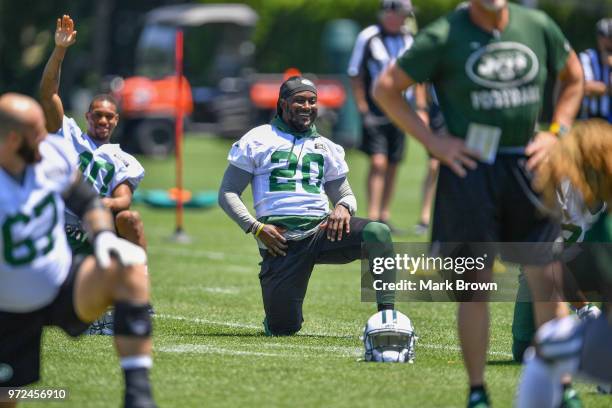 Running back Isaiah Crowell of the New York Jets warms up during mandatory mini camp on June 12, 2018 at The Atlantic Health Jets Training Center in...