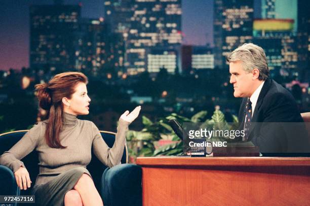 Episode 1492 -- Pictured: Actress Yasmine Bleeth during an interview with host Jay Leno on November 19, 1998 --