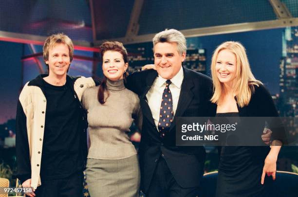 Episode 1492 -- Pictured: Comedian Dana Carvey, Actress Yasmine Bleeth, and musical guest Jewel posing with host Jay Leno on November 19, 1998 --
