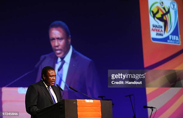 Irvin Khoza speaks at ICC during the FIFA 2010 OC 100 day celebrations on March 01, 2010 in Durban, South Africa.