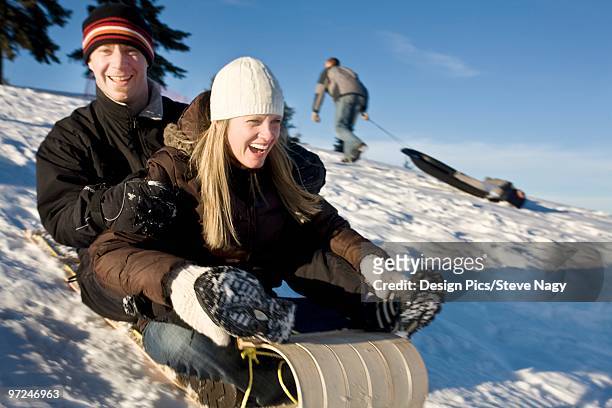 couple tobogganing down a hill, edmonton, alberta, canada - edmonton winter stock pictures, royalty-free photos & images
