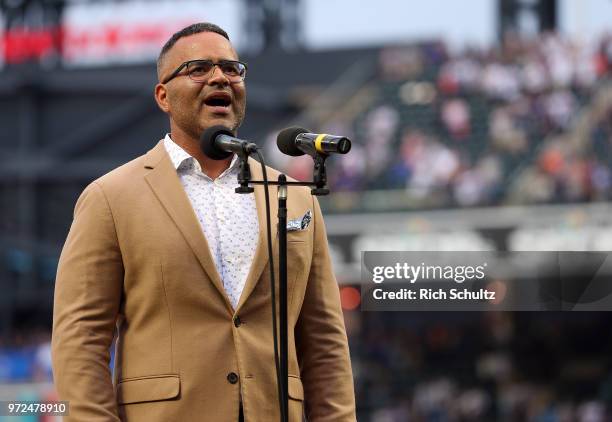 Broadway and television star Christopher Jackson sings the national anthem before a game between the New York Yankees and New York Mets at Citi Field...