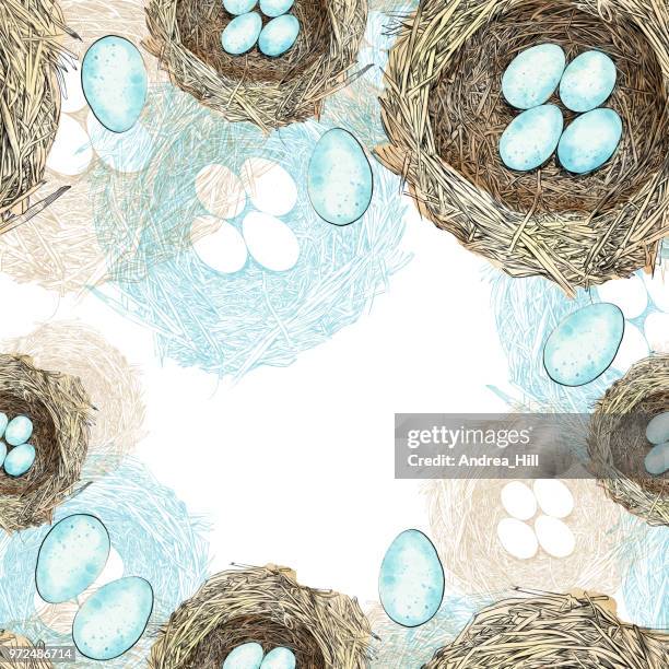 bird nest with eggs pen and ink vector seamless pattern - watercolor easter background stock illustrations