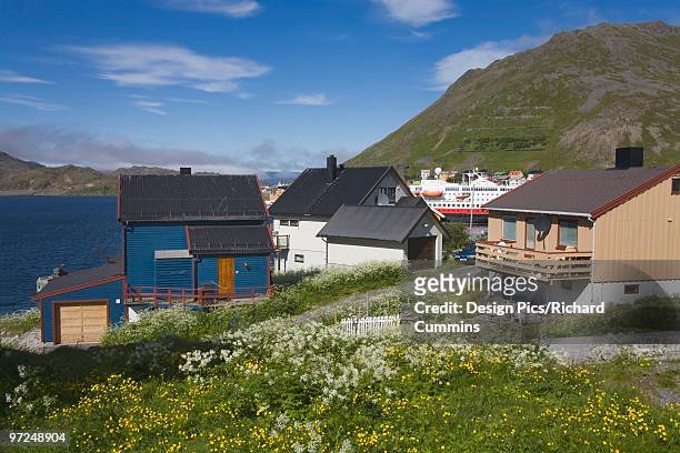 houses in honningsvag port, mageroya island, finnmark region, arctic ocean, norway, scandinavia - isola di mageroya foto e immagini stock