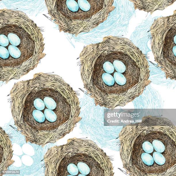 bird nest with eggs pen and ink vector seamless pattern - easter nest stock illustrations
