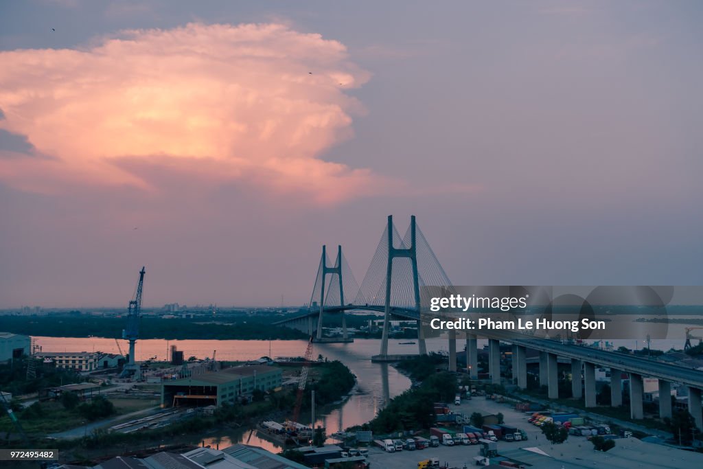 High angle view of Phu My Suspension Bridge in Ho Chi Minh City, Vietnam