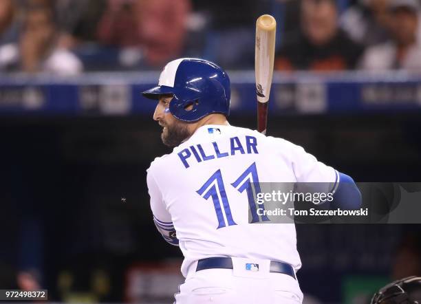 Kevin Pillar of the Toronto Blue Jays bats in the eighth inning during MLB game action against the Baltimore Orioles at Rogers Centre on June 8, 2018...