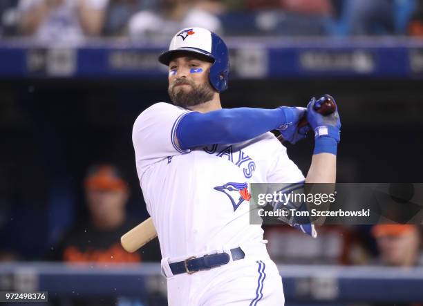 Kevin Pillar of the Toronto Blue Jays bats in the eighth inning during MLB game action against the Baltimore Orioles at Rogers Centre on June 8, 2018...