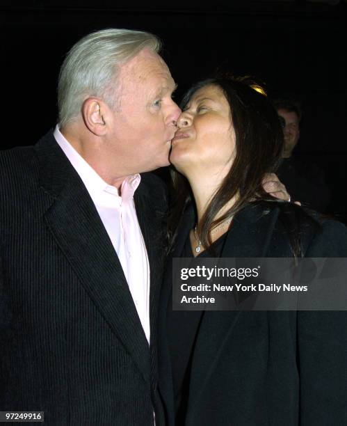 Anthony Hopkins kisses his wife, Stella, at a special screening of his latest movie "The World's Fastest Indian" at the Tribeca Grand Hotel screening...