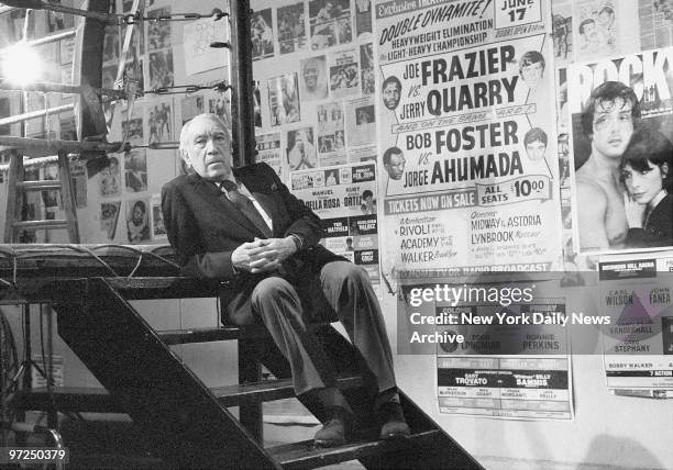 Anthony Quinn, who had 27 amateur bouts a few years ago, sits on steps of ring at the PAL gym in Flushing Meadows-Corona Park to tape an intro to the...