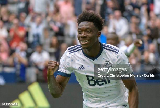 Alphonso Davies of the Vancouver Whitecaps celebrates his goal during a match between Orlando City SC and Vancouver Whitecaps FC at BC Place on June...