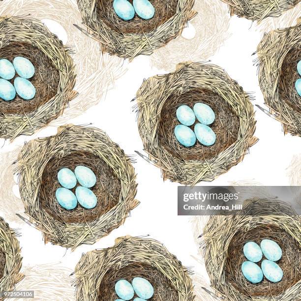 bird nest with eggs pen and ink vector seamless pattern - easter nest stock illustrations