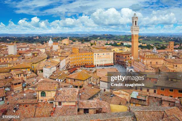 aerial view of siena in tuscany, italy - piazza del campo stock pictures, royalty-free photos & images