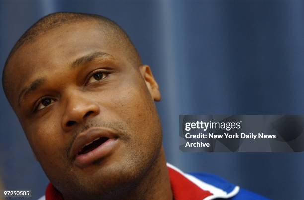 Antoine Walker of the Boston Celtics talks about his team's prospects for Game 2 of the Eastern Conference finals during a practice session at Seton...